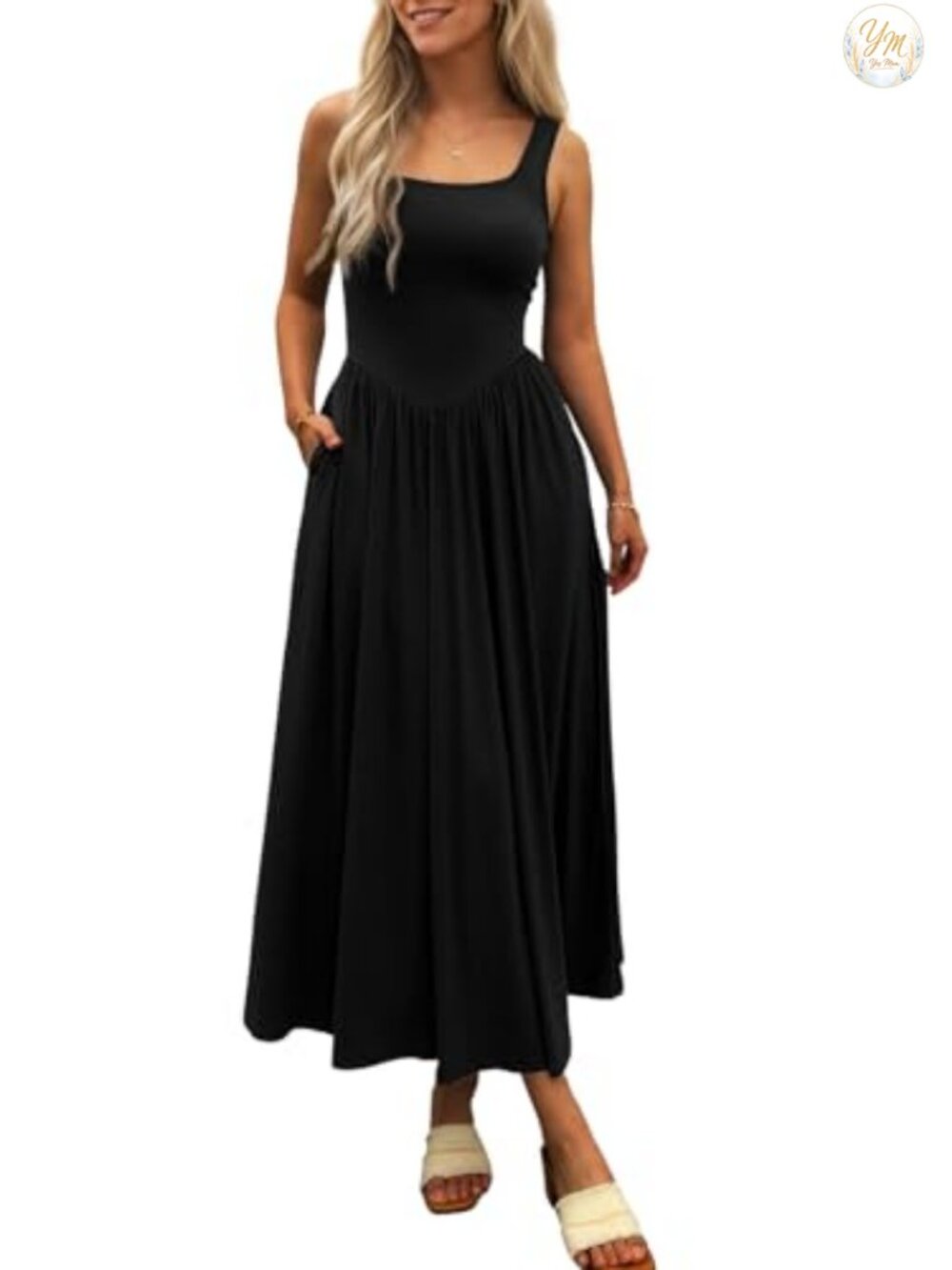 Flowy Sleeveless Square Neck Maxi Dress with Pockets Rayon Blend Summer